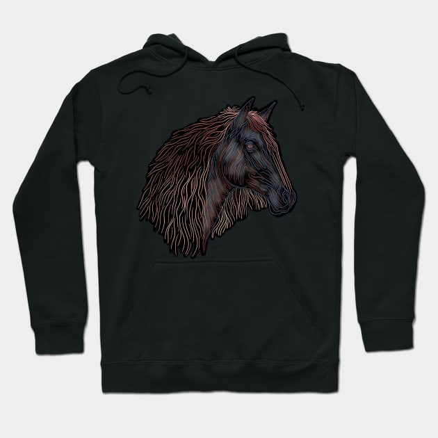 A line drawing of a brown horse with colorful mane. Hoodie by DaveDanchuk